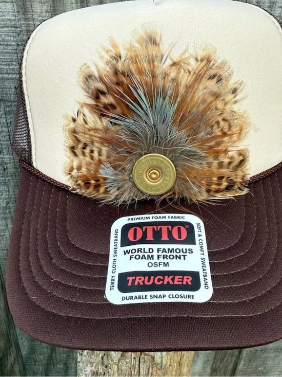 OTTO Accessories - OTTO Brown and Cream Trucker Cap with Feather & Brass Shell Accent